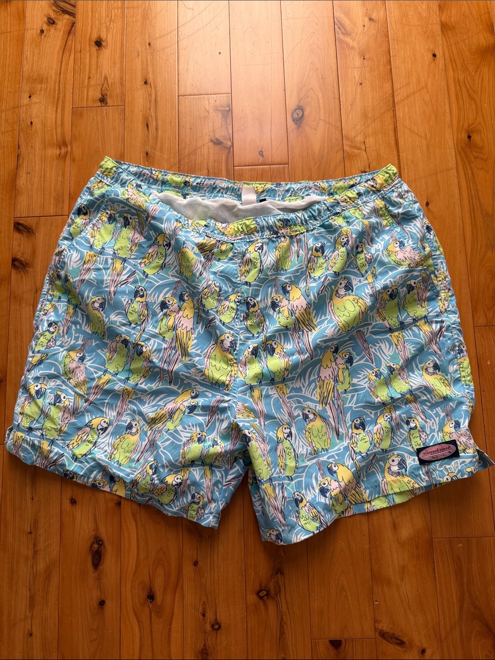 Vineyard Vines Light Blue Swim Trunks with Lime Parrot Print